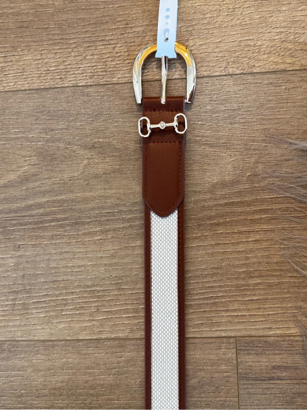 Tan canvas Horsebit belt gold snaffle bit buckle equestrian